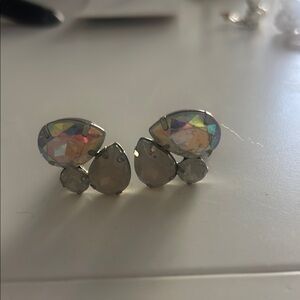 Elegant Silver and Iridescent Stone Crystal clip on Earrings